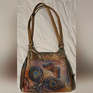 Anuschka Hand Painted Butterfly and Peacock Feather Bag